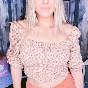 Xhilaration pink floral crop peasant top, medium